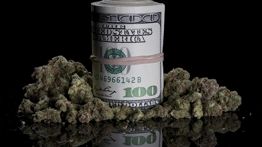 Foto que mostra, em fundo escuro, um rolo de notas de dólar preso com elástico junto a uma porção de flores de cannabis, sobre uma superfície espelhada.