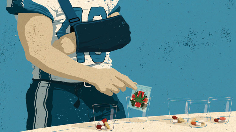 #PraCegoVer: Ilustração de capa traz a arte de um jogador da NFL utilizando uma tipoia no braço esquerdo em frente de uma mesa com vários copos e entre eles um com maconha, que é a escolha do atleta. 