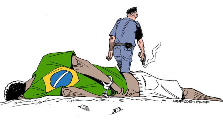 Ilustração que mostra uma pessoa negra ao chão, de costas, com as mãos algemadas e vestindo uma camiseta verde com a bandeira do Brasil nas costas, e, no segundo plano, um policial fardado que deixa o local, segurando uma pistola de onde sai fumaça; com um fundo branco. Drogas.