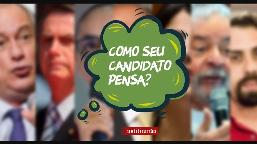 Fotos desfocadas dos candidatos à presidência sobre um balão de pensamento verde com o texto em branco "Como seu candidato pensa?" e o logo do portal Justificando. Drogas.