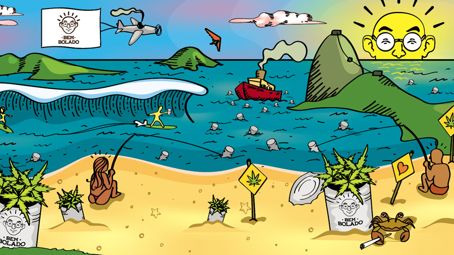 Ilustração da praia do Rio de Janeiro que mostra o Pão de Açúcar e várias latas abertas com maconha em seu interior e o logo da Bem Bolado, pela areia, além de várias outras latas nas águas do mar que são pescadas por dois banhistas.