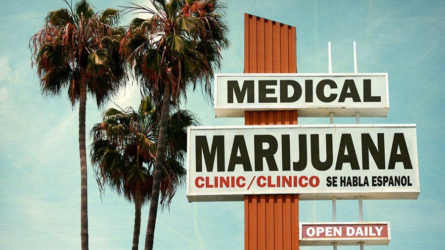 Três palmeiras ao lado de um toten letreiro que traz escrito em um nível "Medical", no outro abaixo "Marijuana. Clinic/Clinico Se hablas espanol" e num terceiro nível "Open Daily". Maconha.