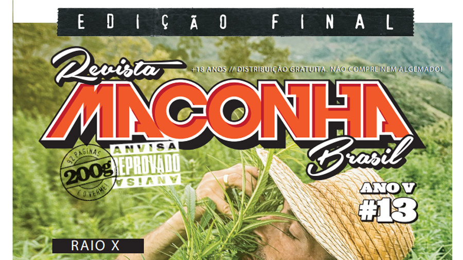 Parte superior da capa da edição final da revista Maconha Brasil, onde se vê parte da face de Franco Loja de olhos fechados, vestindo um chapéu de palha e cheirando as flores de uma planta de maconha que segura.
