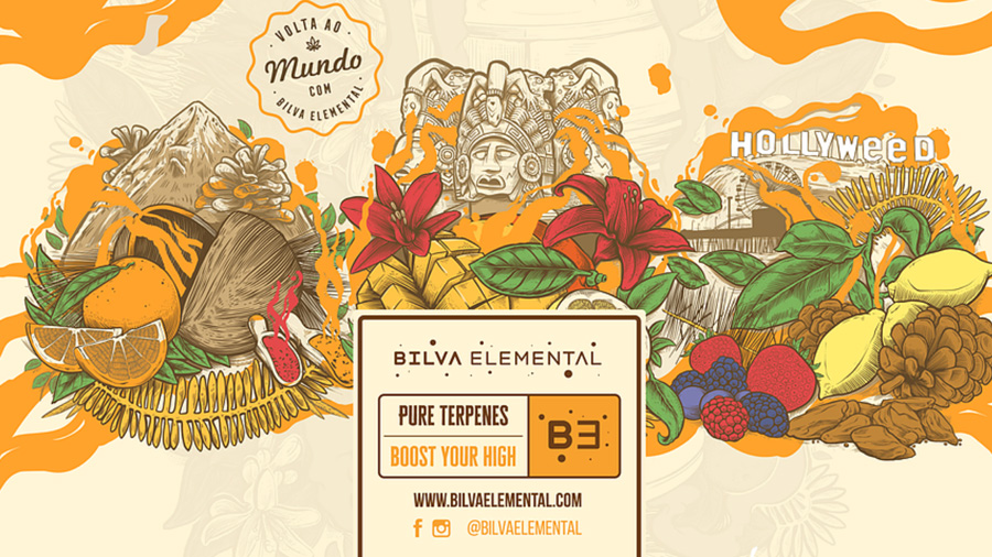 Ilustração de várias frutas e flores e os textos "Volta ao Mundo com Bilva Elemental. Pure Terpenes. Boost Your High. B3". Terpenos.