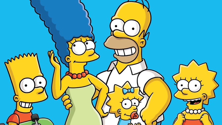 Família do desenho animado Os Simpsons. Da esquerda para direita, o filho Bart, a matriarca Marge, o pai Homer, a bebê Maggie e a filha Lisa Simpson.