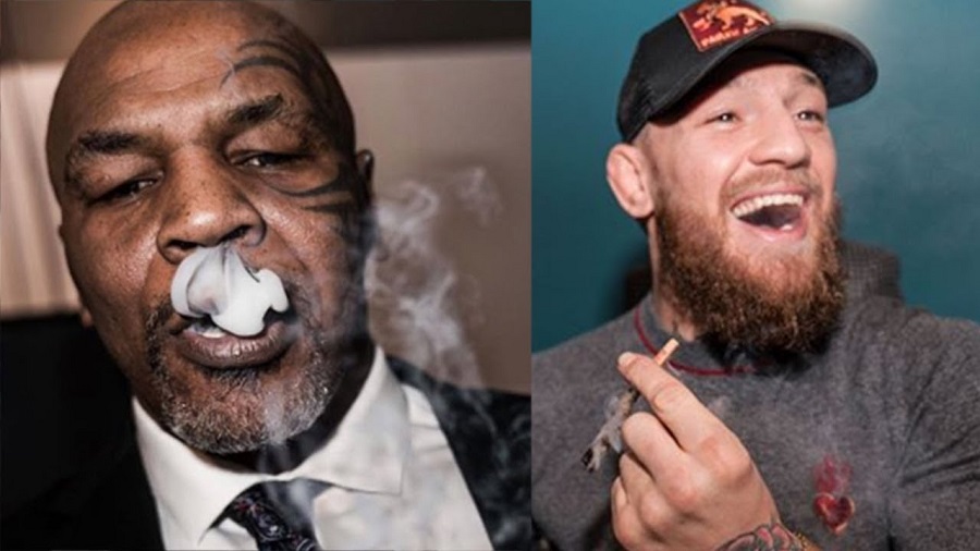 Duas fotografias, lado a lado, uma de Mike Tyson expelindo fumaça ao fazer uma tragada francesa e outra de Conor McGregor segurando um baseado aceso.