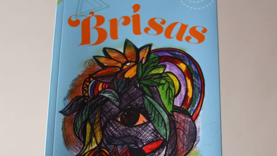 Fotografia mostra a capa do livro "Brisas" que traz a ilustração de um olho envolto em flores, vegetações e formas arredondadas com um fundo em azul claro e o nome da obra logo acima em vermelho; nas laterais da imagem, pode-se ver um fundo branco. Brisas.