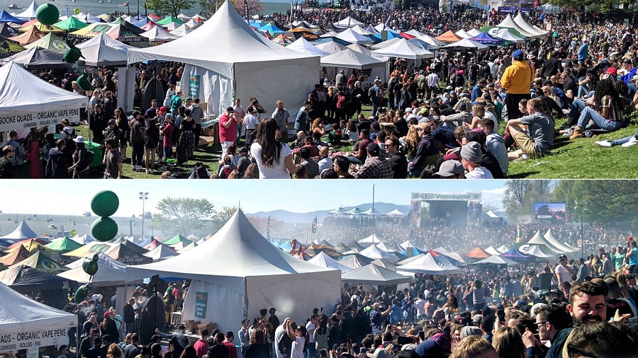 Duas fotografias, a de cima mostra a multidão de canadenses no parque Sunset Beach, pouco antes das 16h20, e a de baixo mostra a mesma galera logo após dar o horário, com uma nuvem de fumaça formada pelos baseados acesos. Maconha.