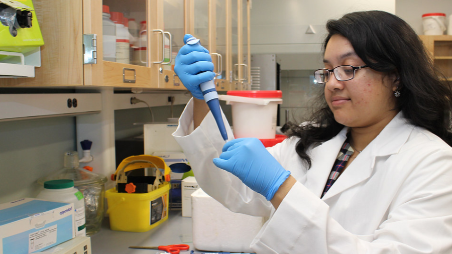 Fotografia que mostra Priyanka Pinky, usando jaleco branco e luvas azuis e manipulando uma amostra em um laboratório. Gravidez.