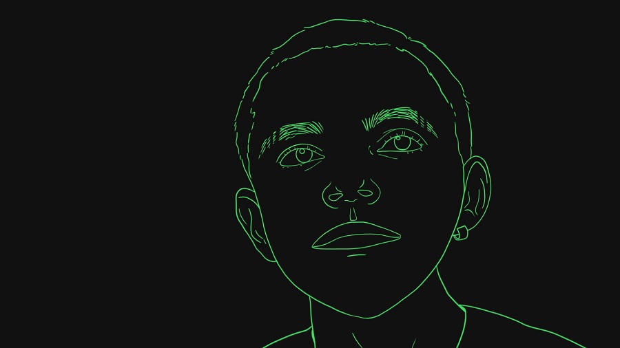 Ilustração traz a face de um garoto desenhada apenas com contornos em cor verde sobre um fundo de cor preta. Drogas.