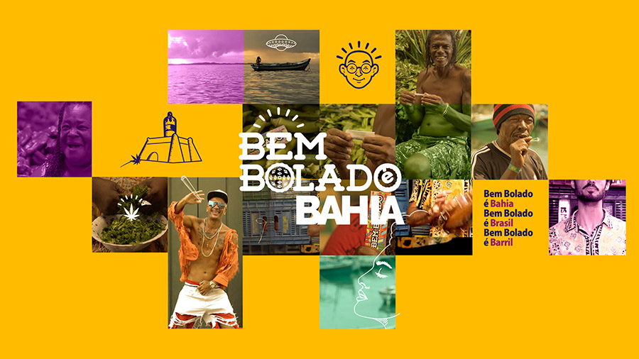 #PraCegoVer: Em destaque, ilustração de capa composta por um mosaico com frames de captura dos vídeos da campanha e em branco no centro da imagem "Bem Bolado é Bahia". bem bolado