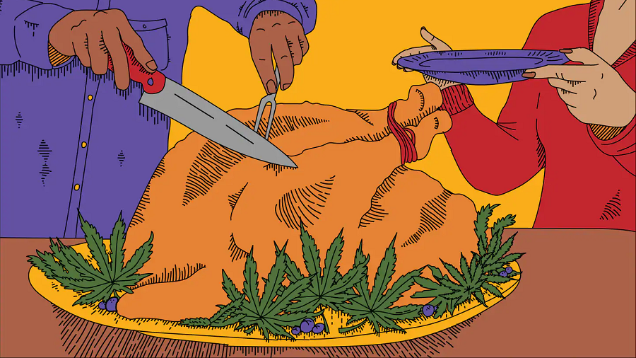 Ilustração que mostra um peru assado, decorado com folhas de maconha, em um travessa amarela que está sobre uma superfície marrom, e partes dos corpos de duas pessoas, uma (com camisa de cor roxa) cortando e outra (com roupa vermelha) segurando um prato roxo.