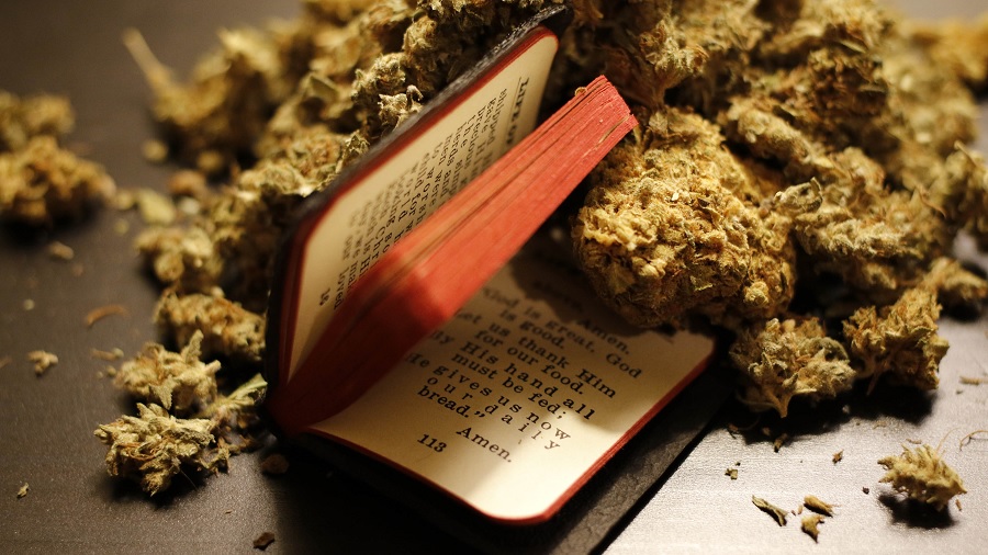 Fotografia que mostra uma pequena bíblia entreaberta, com texto em inglês, junto a uma porção de buds de maconha.