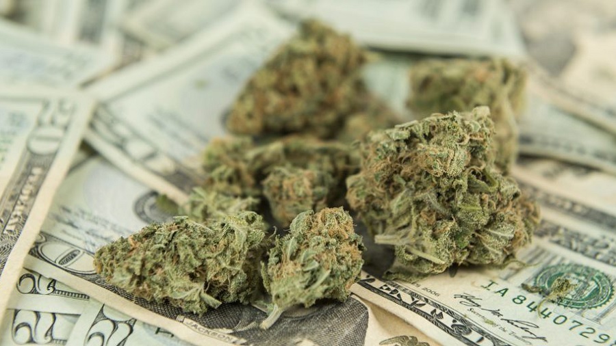 Fotografia em plano fechado que mostra uma porção de buds de maconha (cannabis) sobre uma superfície forrada de notas de dólar. Foto: Online Medical Card | Flickr.