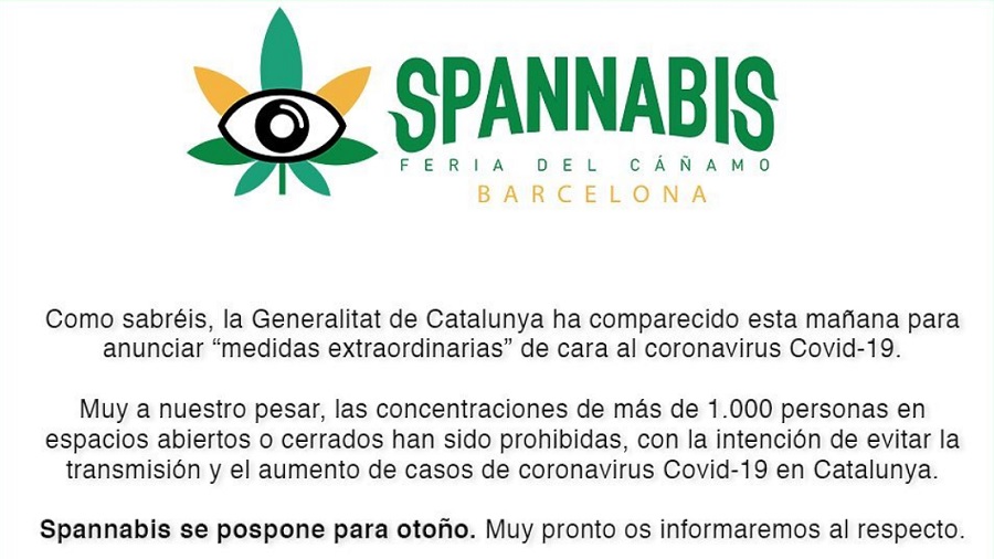 Aviso da Spannabis, em espanhol, onde diz sobre o adiamento do evento em razão de concentrações com mais de mil pessoas estarem proibidas pelo governo da Catalunha.