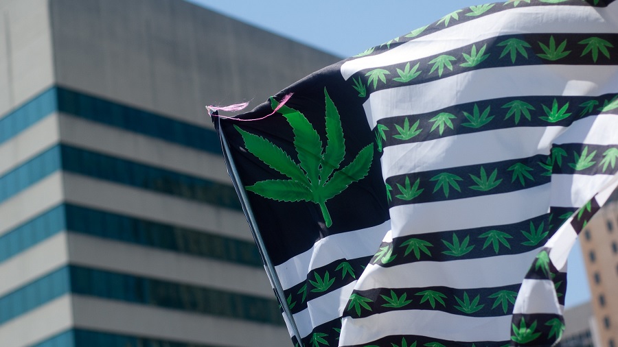 Fotografia que mostra uma bandeira dos EUA personalizada com desenhos da folha da maconha, nas cores verde, preto e branco, hasteada ao vento, e parte de um prédio ao fundo. Foto: Sean Dunbar | Flickr. projeto de lei eleitores Washington