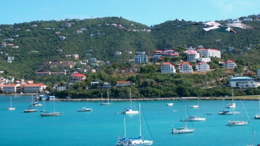 Fotografia que mostra o porto Charlotte Amalie, na cidade de St. Thomas, nas Ilhas Virgens Americanas, com água azul turquesa, barcos ancorados, e casas espalhadas pelo morro em frente ao mar. Imagem: Wikimedia Commons.
