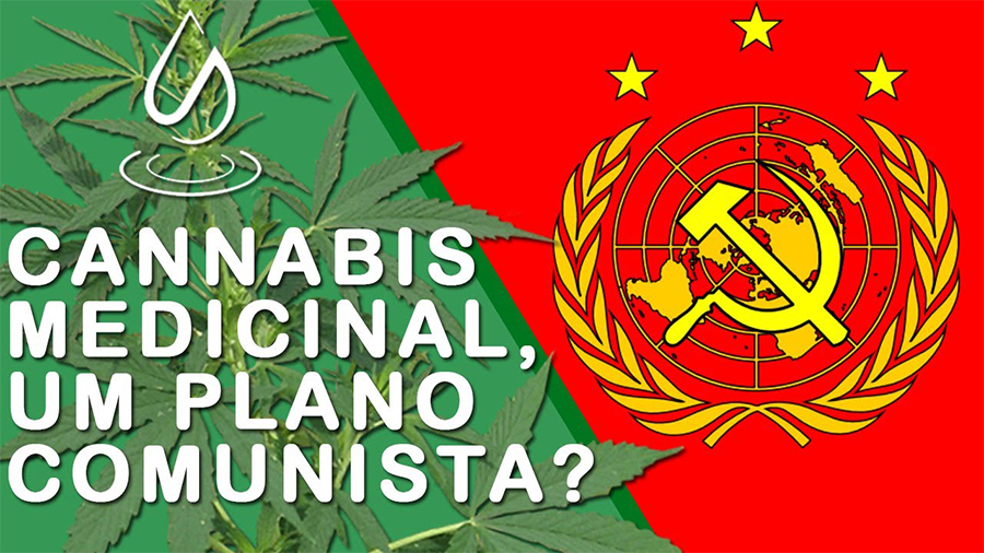 Ilustração que mostra uma bandeira formada por dois trapézios, um verde com o desenho de uma planta de cannabis, atrás do texto "Cannabis medicinal, um plano comunista?" em branco, e o outro vermelho com o brasão de armas da União Soviética, em amarelo.