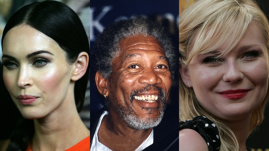 Três fotografias, de Megan Fox, Morgan Freeman e Kirsten Dunst, todos artistas que assumiram usar maconha publicamente. Fotos: Wikimedia Commons.