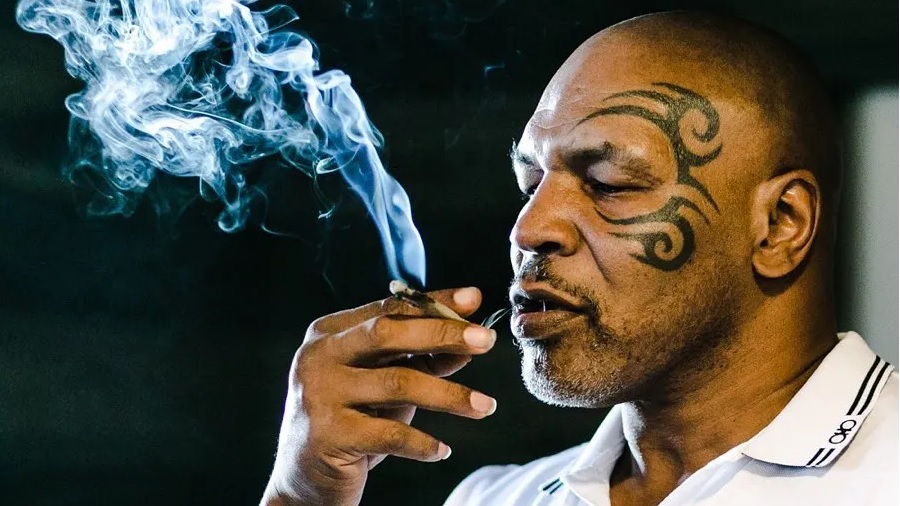 Fotografia que mostra Mike Tyson em meio perfil segurando um baseado aceso, do qual sai uma fumaça densa, próximo à boca, entreaberta, e um fundo escuro. Imagem: reprodução / Instagram.