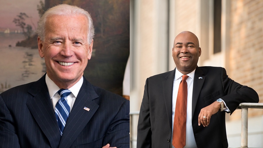 Duas fotos, uma de Joe Biden sorridente e a outra de Jaime Harrison, que está com o braço apoiado em corrimão. Créditos: David Lienemann (Wikimedia Commons) / divulgação.