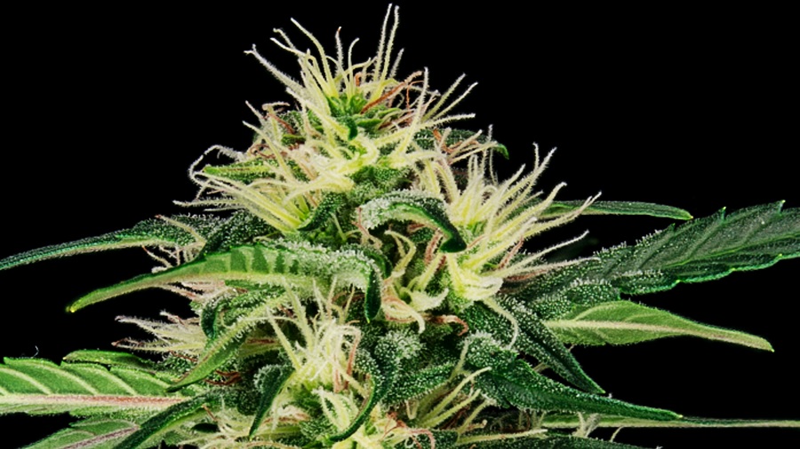 Fotografia do topo de uma cola de maconha que, das sugas leaves aos pistilos, exibe uma gama de tons de verde, em fundo escuro. Imagem: THCamera Cannabis Art. fevereiro