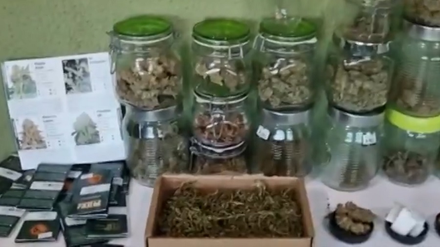 Fotografia que mostra vários potes de maconha empilhados sobre uma mesa, onde também estão várias embalagens de sementes, um folheto com fotos e informações de variedades de cannabis e uma caixa com a erva seca. Imagem: G1.