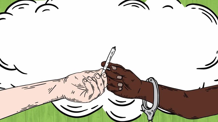 Ilustração mostra a mão de uma pessoa branca passando um baseado para a mão de uma pessoa negra, que tem uma algema no punho, à frente de uma nuvem de fumaça e um fundo verde. Imagem: Ben & Jerry's.