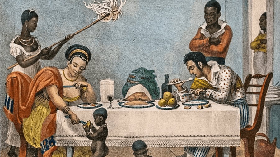 Pintura do artista francês Jean-Baptiste Debret, intitulada "O jantar", que mostra duas pessoas brancas sentadas a uma mesa farta e seus servos negros, no Rio de Janeiro do início do século XIX.