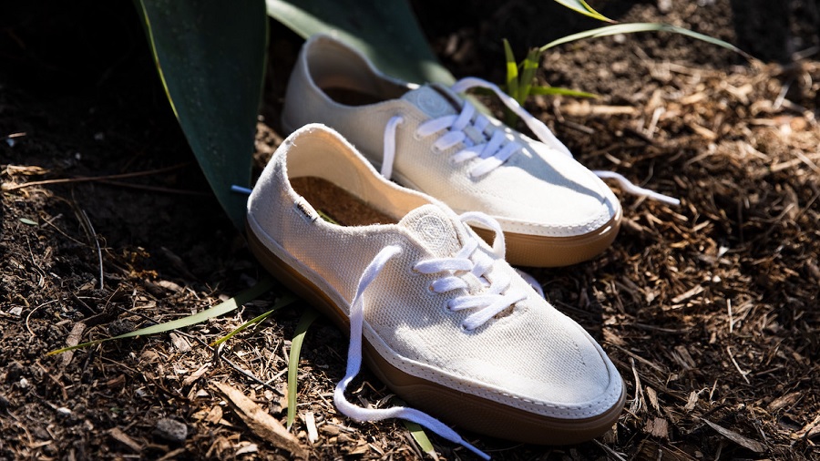 Fotografia mostra um par de tênis feitos de cânhamo Circle Vee, de cadarços brancos e cabedal bege-claro, sobre um solo coberto de folhas e galhos secos. Imagem: Divulgação.