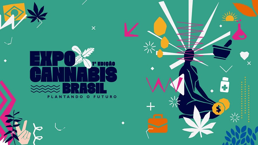 Imagem mostra o banner de divulgação da ExpoCannabis Brasil, onde se vê o logo do evento em azul-escuro e o desenho de uma pessoa entre vários elementos ligados ao tema, em fundo verde.