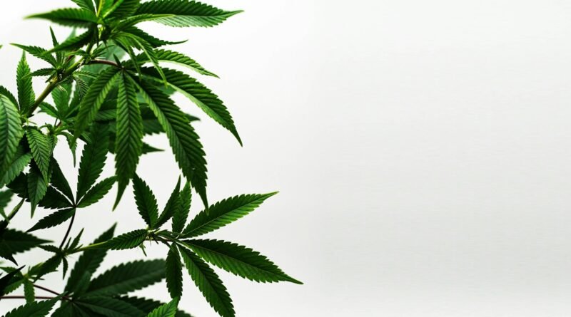 Imagem mostra folhas de cannabis preenchendo a porção esquerda da imagem, cujo fundo é claro e liso. Foto H2 Media | Unsplash.