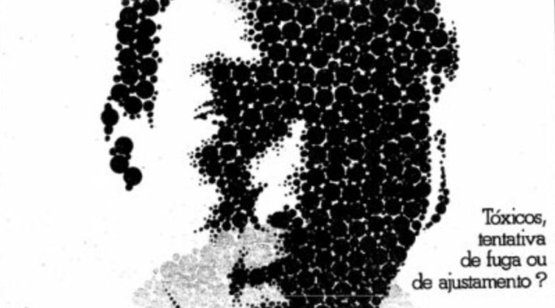 Imagem mostra parte da capa da edição do suplemento Folhetim da Folha de São Paulo de 3 de agosto de 1980, onde se vê o rosto de uma pessoa formado por vários círculos pretos sobre fundo branco, e a frase “Tóxicos, tentativa de fuga ou de ajustamento?”.