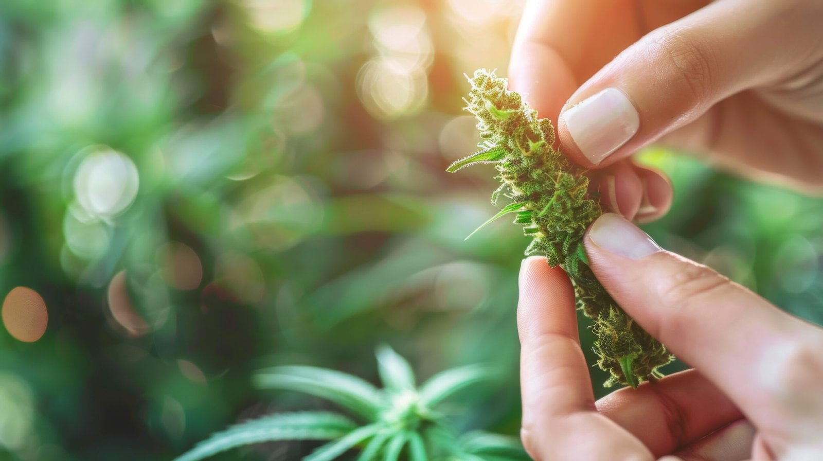 Foto mostra as mãos de uma pessoa que segura uma pequena inflorescência de maconha. Imagem: Vecteezy | khonkangrua.