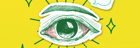 imagem mostra o desenho de um olho rabiscado em linhas verdes, com vermelhidão característica do uso de cannabis, em fundo amarelo.