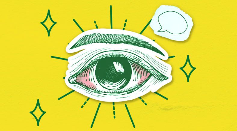 imagem mostra o desenho de um olho rabiscado em linhas verdes, com vermelhidão característica do uso de cannabis, em fundo amarelo.