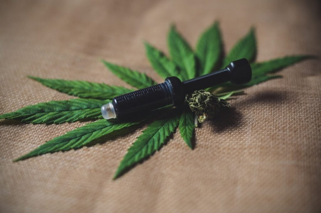 Foto mostra uma seringa preta e um bud de cannabis sobre folhas de cannabis dispostas sobre um tecido bege. Imagem: Pixabay | Julia Teichmann.