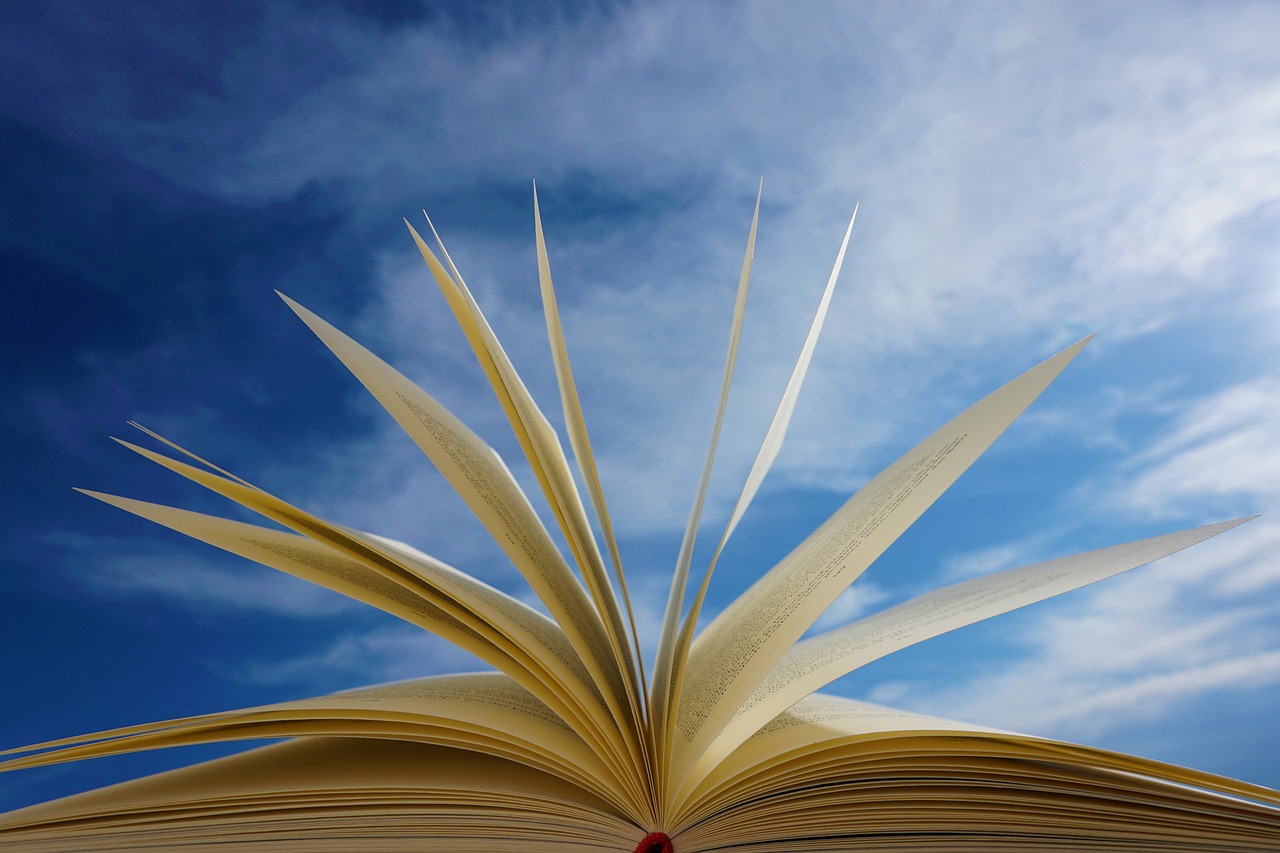 Foto mostra livro aberto com as páginas centrais para cima, em fundo de céu azul. Foto Michaela Pixabay edital